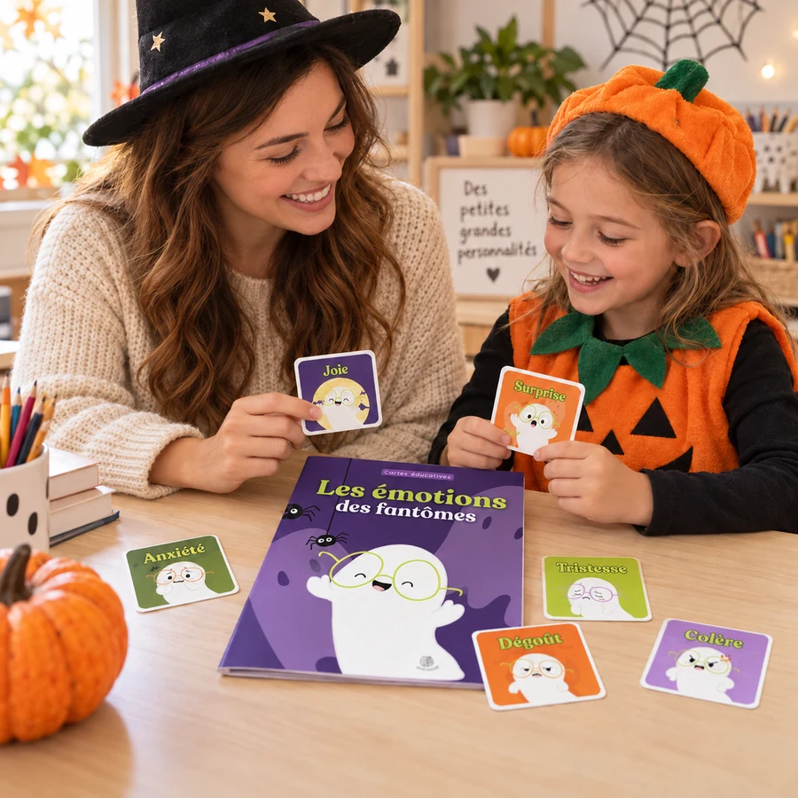 Une enseignante et une enfant costumées explorent les cartes Les émotions des fantômes